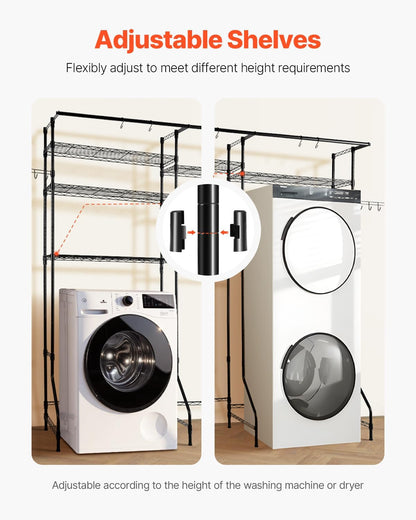 VEVOR Over the Washer and Dryer Storage Shelf, 5 Tier Laundry Room Drying Rack with Hanger Rod and Hooks, Adjustable Over Washer and Dryer Shelves, Laundry Room Shelf Storage Space Saver, White