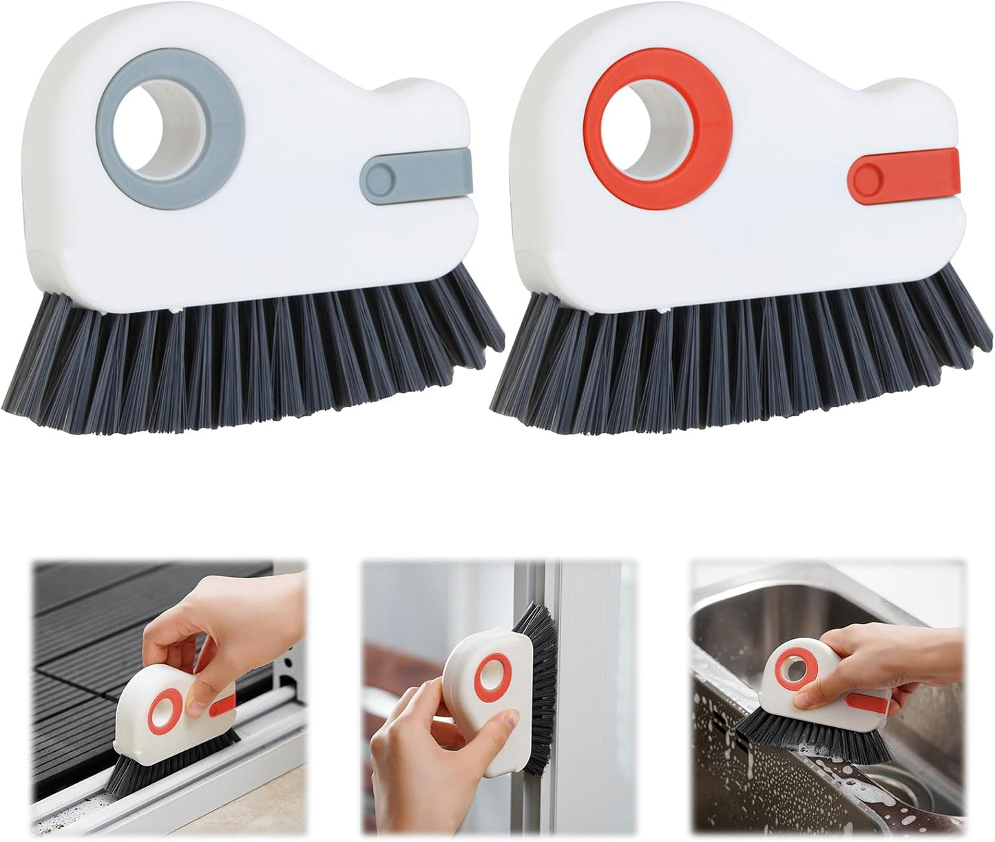 2 in 1 Groove Cleaning Brush, Grout Cleaner Tool & Multifunction Window Track Cleaner (with Hidden Scraper or Mini Dustpan) – for Glass Door Tracks, Window Sills, Sliding Doors (Orange)