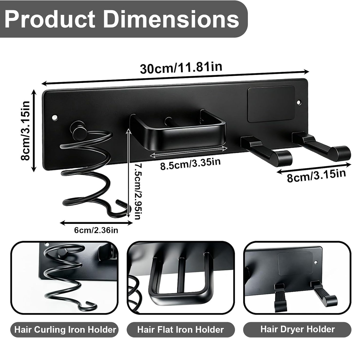 Hair Dryer Holder Wall Mount, Easy Assemble Hair Tool Organizer | 3 in 1 Metal Dryer Rack with Blow Dryer Holder & Curling Iron & Straightener Storage for Salo ＆ Bathroom (Matte Black)