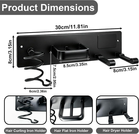 Hair Dryer Holder Wall Mount, Easy Assemble Hair Tool Organizer | 3 in 1 Metal Dryer Rack with Blow Dryer Holder & Curling Iron & Straightener Storage for Salo ＆ Bathroom (Matte Black)
