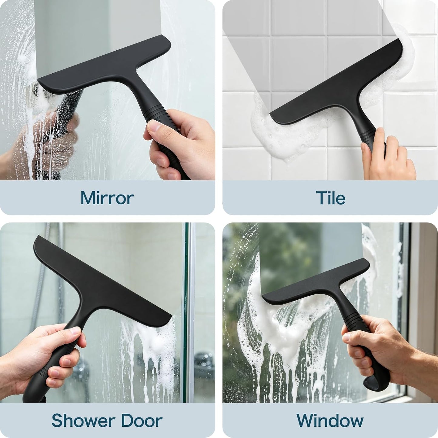 SetSail Shower Squeegee for Glass Doors,One-piece All Silicone Squeegee | Streak-Free Bathroom Squeegee for Shower Glass Window Mirror Tile Wall, Built-in Hook, Ergonomic Grip, Black（9.5-inch）