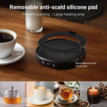 Coffee Mug Warmer & Pure Black Mug Set, Electric Cup Warmer for Desk | Beverage Warmer Plate for Coffee,Tea,4 Temperature Setting,8-Hours Auto Shut Off,14oz Mug with Spoon & Bamboo Lid Included