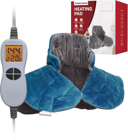 Ambershine 19''x24'' Weighted Neck & Shoulder Heating Pad, 2.5lbs with 12 Temperature Settings& 4 Auto-Off Timers, Pain Relief for Neck/Shoulder/Back(Gray&Blue)