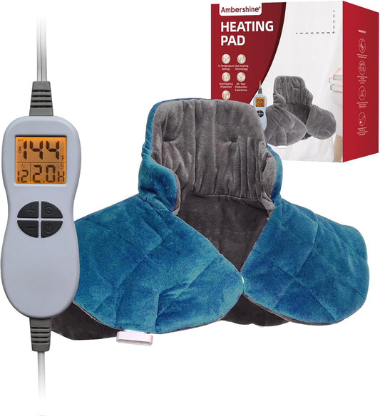 Ambershine 19''x24'' Weighted Neck & Shoulder Heating Pad, 2.5lbs with 12 Temperature Settings& 4 Auto-Off Timers, Pain Relief for Neck/Shoulder/Back(Gray&Blue)