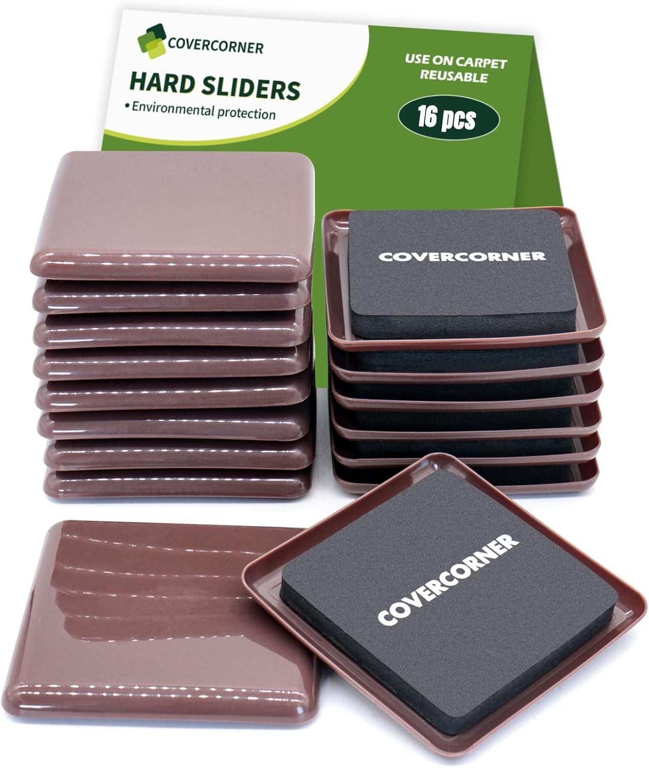 Furniture Sliders for Carpet 8 PCS - 3 1/2" Brown | Furniture Moving Sliders, Carpet Sliders for Furniture, Square Furniture Movers Sliders - Move Your Furniture Easily & Safely