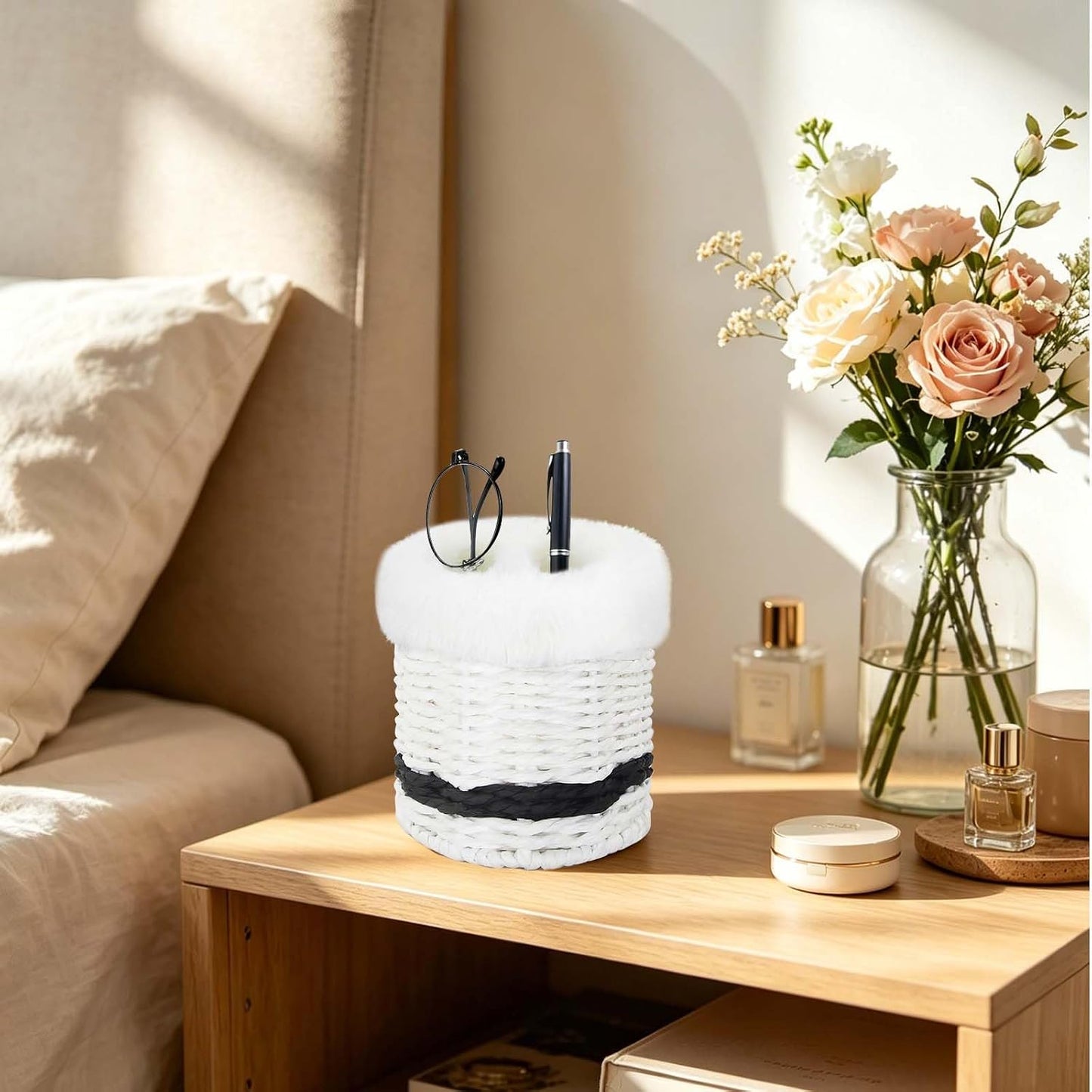 Paper Rope Plush Lined Eyelasses Holder Stand for Nightstand Desk