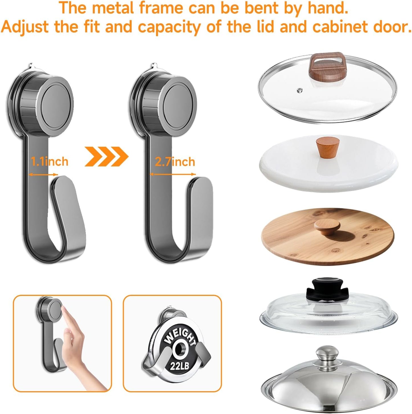 2 PCS Adjustable Pot Lid Holder, No Drill Adhesive Mount, Pot Lid Organizer for Cabinet Door/Wall Mounted, Fits 6-14" Lids
