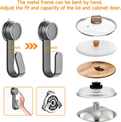 2 PCS Adjustable Pot Lid Holder, No Drill Adhesive Mount, Pot Lid Organizer for Cabinet Door/Wall Mounted, Fits 6-14" Lids