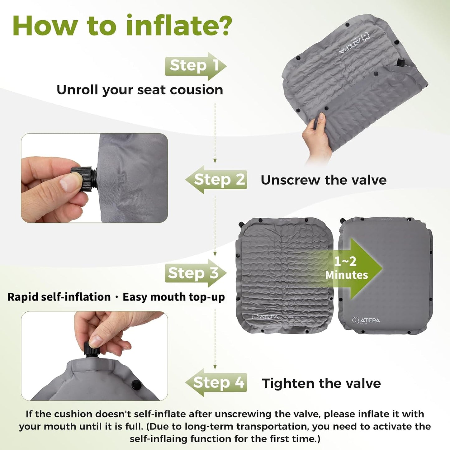 ATEPA Inflatable Seat Cushion | 2" & 2.5" foam core seat pad, Self inflating, Compact, Stadium, Airplane, Travel, Camping, Hiking, Sports events