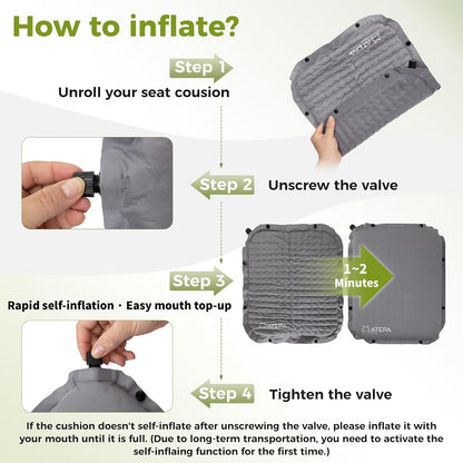 ATEPA Inflatable Seat Cushion | 2" & 2.5" foam core seat pad, Self inflating, Compact, Stadium, Airplane, Travel, Camping, Hiking, Sports events