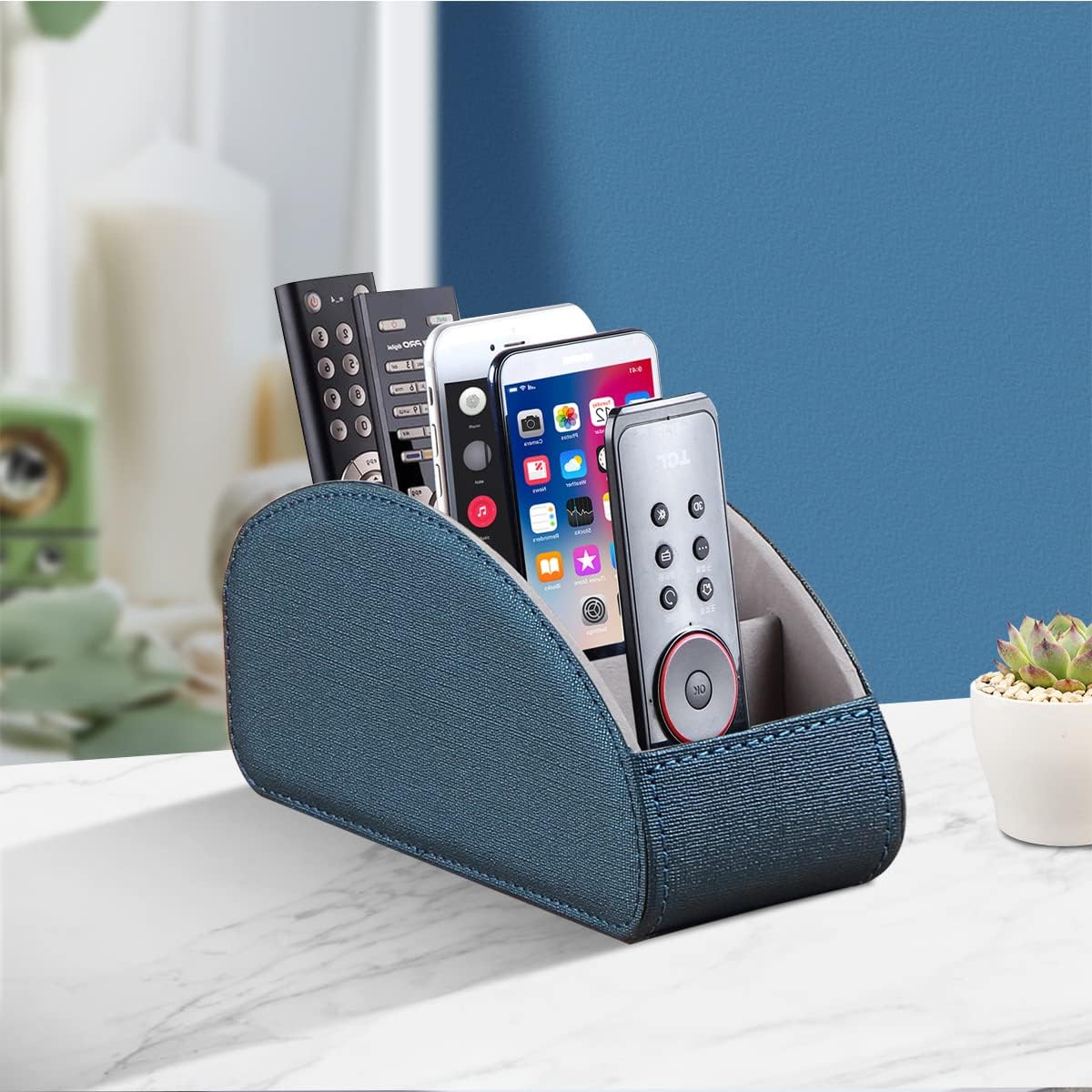 Pu Leather TV Remote Control Holder with 5 Compartments,Remote Caddy/Tray | Bedside Table Desk Storage Box/Organizer for Pen,DVD,Blu-Ray,Media Player,Heater Controller,Cosmetics,Glasses,Office Supplies