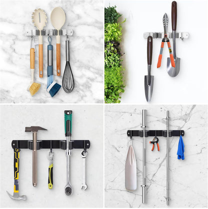 voze 5 Racks and 4 Hooks Mop and Broom Holder Wall Mount, Self Adhesive Heavy Duty Broom Hanger Organizer Storage Tool Racks for Kitchen Garden Laundry Garage