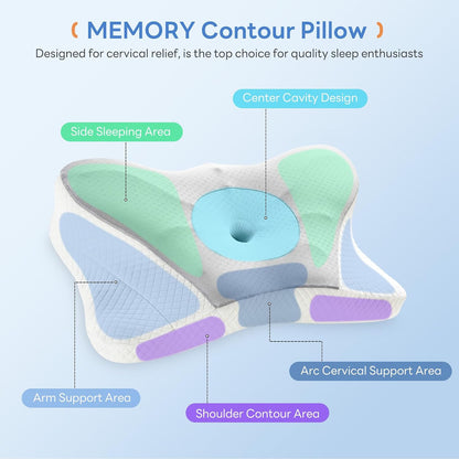 Sweetcrispy Cervical Pillow for Neck and Shoulder - Ergonomic Memory Foam Pillows, Contour Side Sleeper for Adults, Cooling Orthopedic Neck Support for Back Stomach Sleepers, White