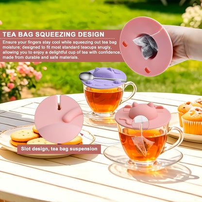Enenes 4 Pack Silicone Tea Bag Holder and Squeezer, 4 Inch Cat-Shaped Cup Lid Cover for Tea Bags, Reusable Dishwasher Safe Mug Cover for Tea Cups and Coffee Mugs