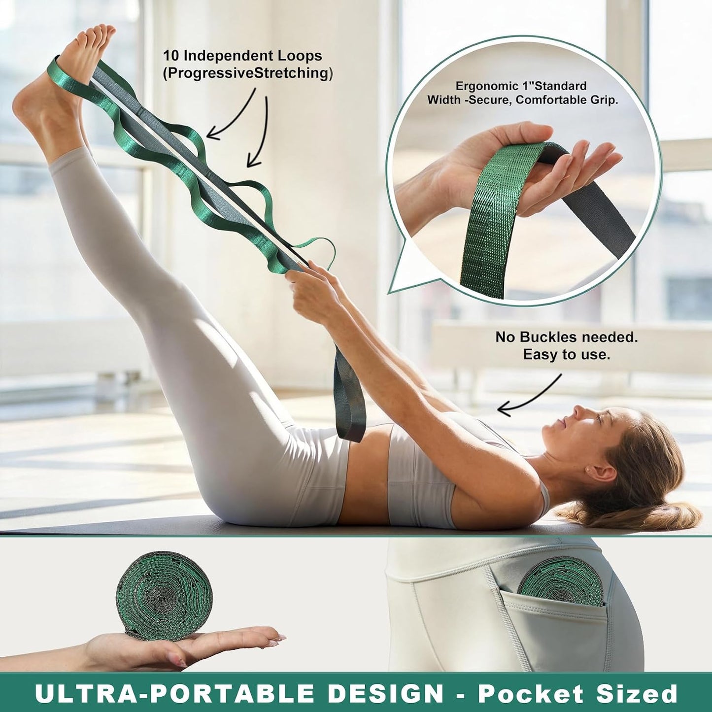 Acozycoo Stretching Strap with Loops for Physical Therapy,Knee,Calf,Back | Yoga Strap for Stretching,Non-Elastic Stretch Band,Rehab,Pilates,Flexibility Training,Hamstring,Leg Lifter,Fascia,Leg,Hip