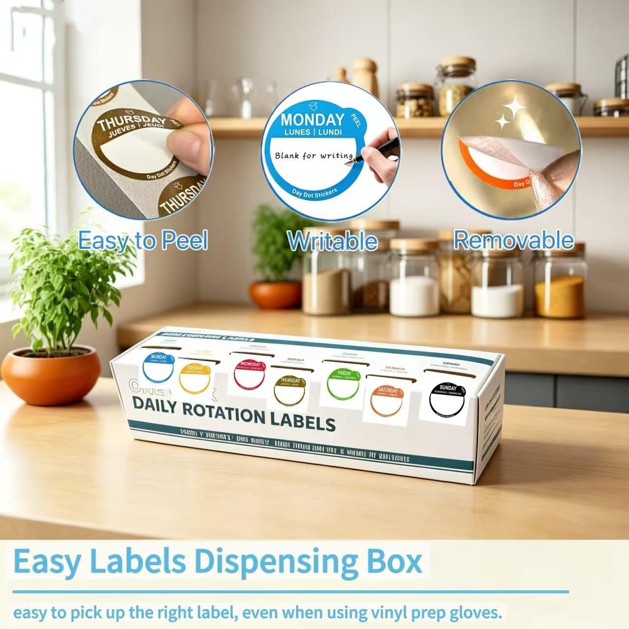 Day Dots Food Labels, 1 Inch 3500 Pcs Removable Date Stickers for Food, 7 Rolls Days of The Week Labels for Restaurant Kitchen Containers, Self Adhesive Day Dot Sticker