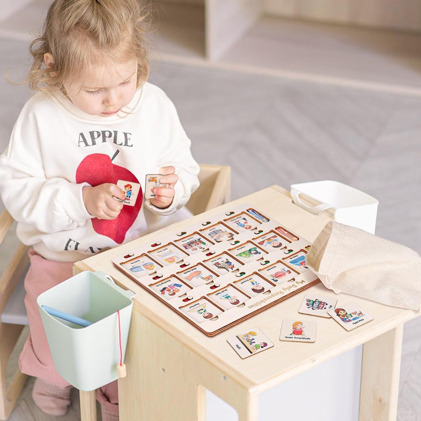 ABCxGOOD Wooden Visual Schedule for Kids Chore Chart, Morning Bedtime Daily Routine Chart for Toddlers, Autism Learning Materials for Homeschool Classroom,76 Wooden Cards.