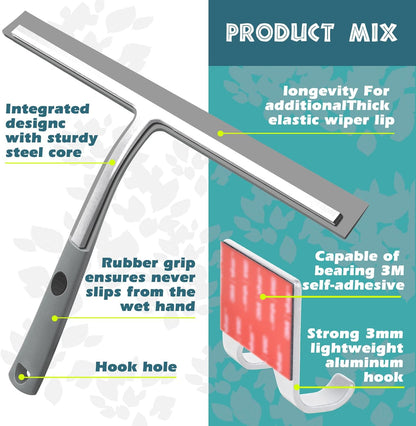 12 Inch Silicone Shower Squeegee for Glass Doors with Microfiber Cloth & Hook, Streak-Free Window Cleaner for Bathroom Mirror Tile Car, No-Scratch Squeegee with Rustproof Metal Core (Black)
