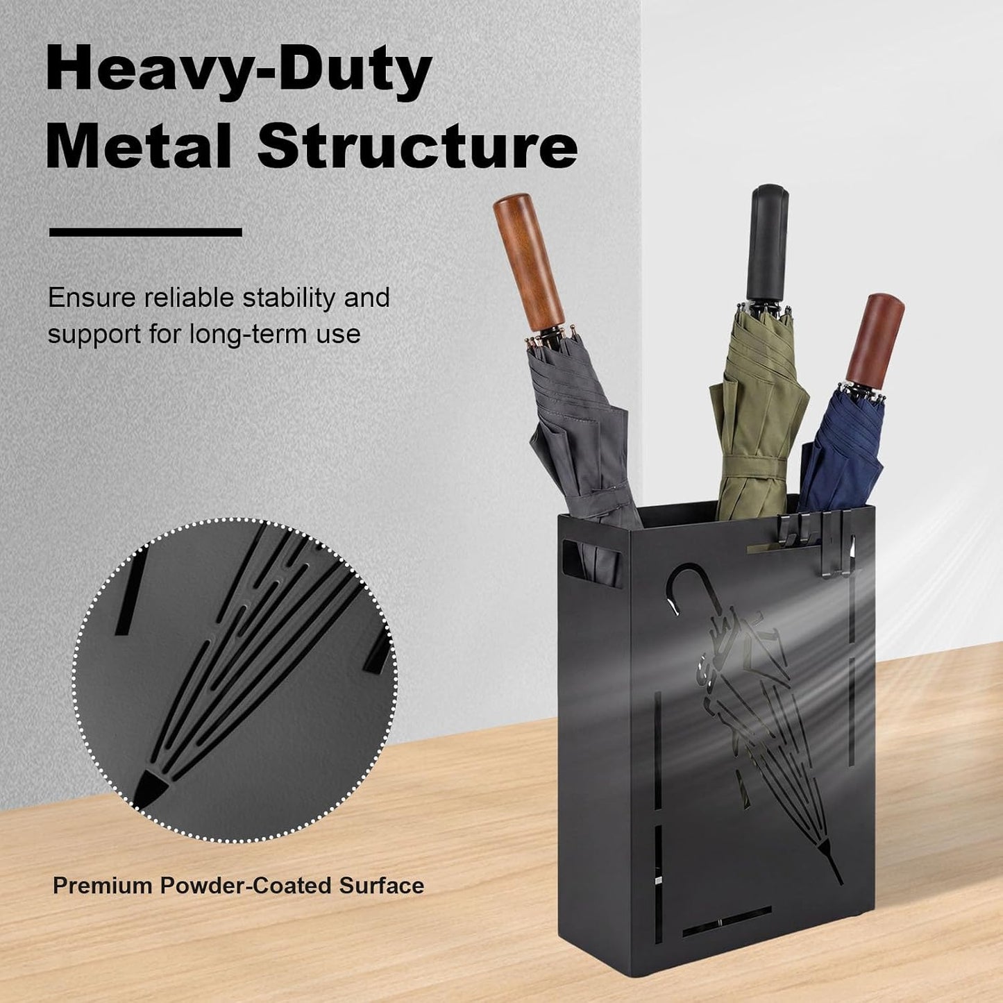 Goplus Metal Umbrella Holder, Indoor Umbrella Stand Freestanding, Black | Removable Drip Tray, 4 Hanging Hooks, Heavy-Duty Rectangular Umbrella Holders for Entryway, Home Office, 11 x 5 x 16 Inch