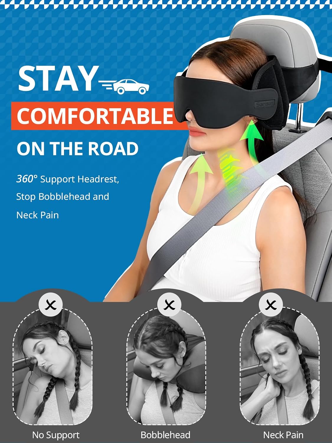 SARISUN Travel Pillows for Airplanes with Sleep Eye Mask, Chin Strap, Airplane Pillow for Long Flights, Car Road Trip, 360° Support Headrest, Travel Essentials Stop Bobblehead, Mottled Blue