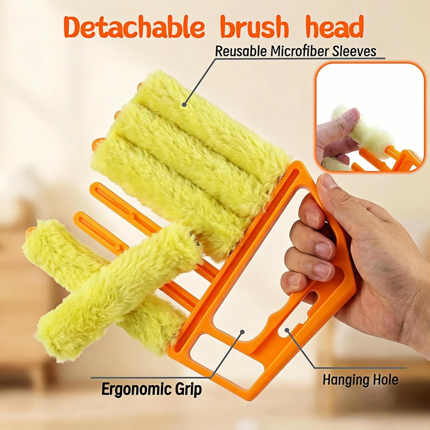 Blind Cleaner Brush with Detachable Microfiber Sleeves, Ergonomic Handle, 7-Finger Duster for Blinds, Air Vents, Car Vents, 5.31 x 6.3 Inch
