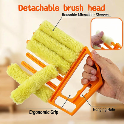 Blind Cleaner Brush with Detachable Microfiber Sleeves, Ergonomic Handle, 7-Finger Duster for Blinds, Air Vents, Car Vents, 5.31 x 6.3 Inch