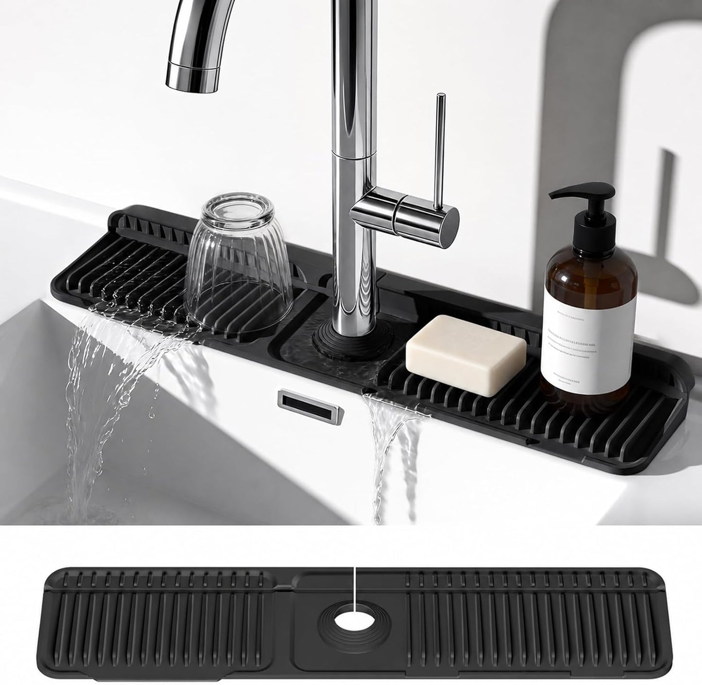 24 Inch Faucet Mat for Kitchen Sink, Silicone Splash Guard for Kitchen Sink Area, 7° Slope Fast Self-Draining Sink Mat, Cuttable Hole Design, Sink Backsplash Guard Draining Mat, Grey