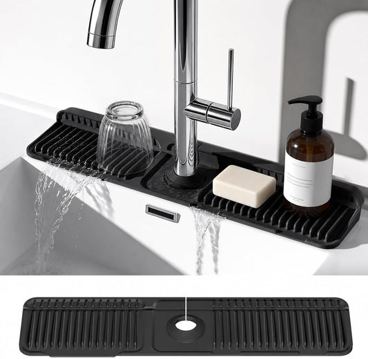 24 Inch Faucet Mat for Kitchen Sink, Silicone Splash Guard for Kitchen Sink Area, 7° Slope Fast Self-Draining Sink Mat, Cuttable Hole Design, Sink Backsplash Guard Draining Mat, Grey