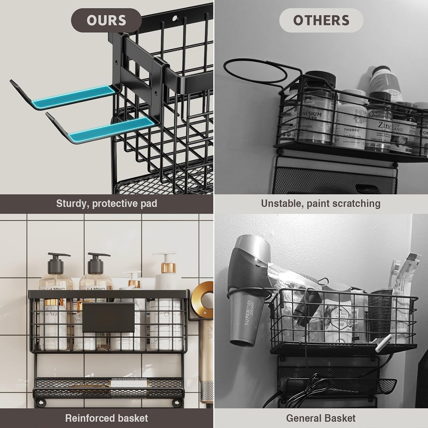 Magheo Hair Dryer Holder Cabinet Door 3-in-1 Adhesive Hair Tool Organizer Wall Mounted Adjustable Height Blow Dryer Holder Under Sink Bathroom Hair Appliance Organizer and Storage Countertop(Black)