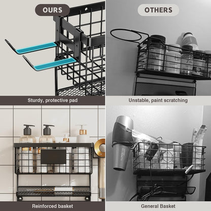 Magheo Hair Dryer Holder Cabinet Door 3-in-1 Adhesive Hair Tool Organizer Wall Mounted Adjustable Height Blow Dryer Holder Under Sink Bathroom Hair Appliance Organizer and Storage Countertop(Black)