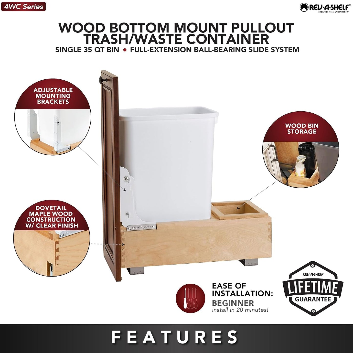 Rev-A-Shelf Double Pullout Trash Can w/Soft-Close Slides, 14.5" Min Opening | Large Capacity Garbage/ Recycling Waste Bins for Under Kitchen Cabinets, Heavy Gauge Wire Construction, 4WC-18DM2
