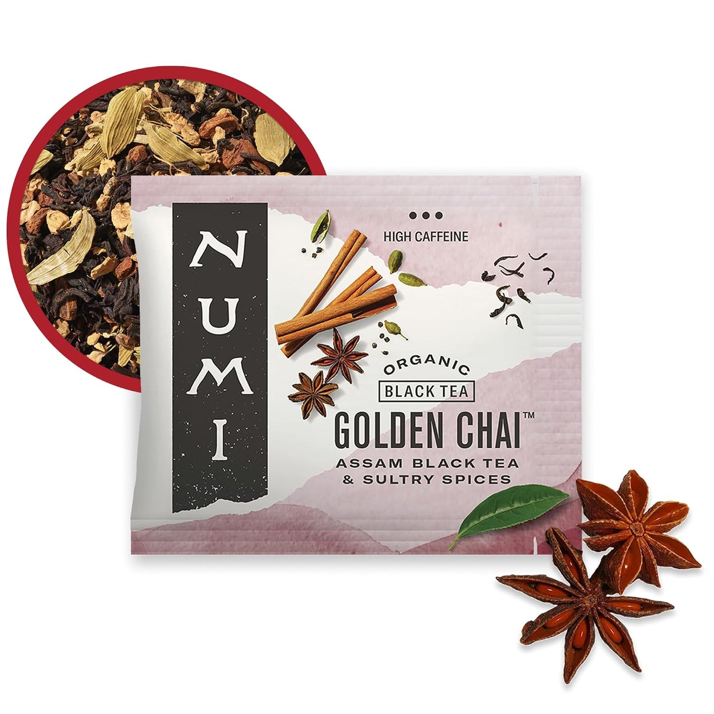 Numi Organic Rooibos Chai Tea, 18 Herbal Bags, Microplastic Free, Rich Flavor with Cinnamon, Allspice & Ginger, Caffeine Free