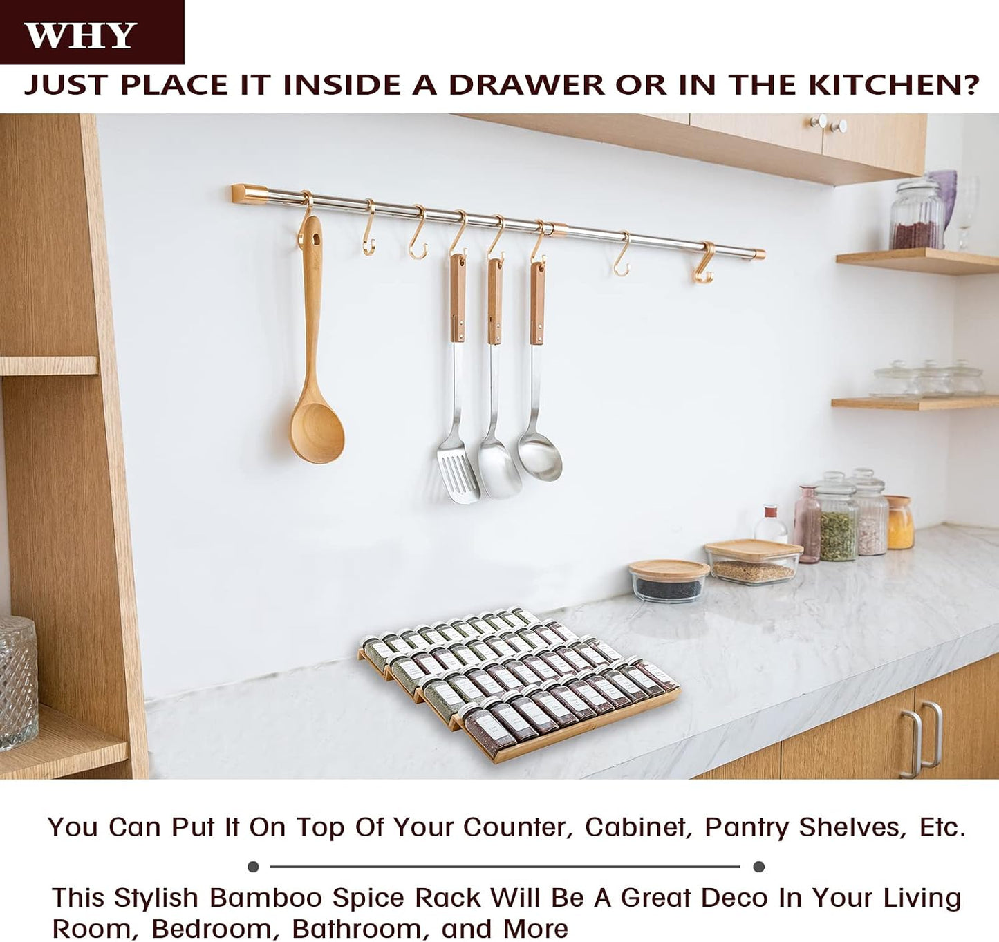 Bamboo Spice Rack Drawer Organizer - 8 Pieces Set- 7" Wide Per Piece - Combine Pieces Into 14" Wide Rack (7" or 14")