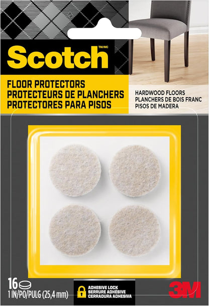 Scotch Felt Pads, Felt Furniture Pads for Protecting Hardwood Floors, Round, 1 in. Diameter, Beige, 16 Pads | Protecting Hardwood Floors, Easy-to-apply, Self-Stick design, Reliable protection from nicks, dents and scratches (SP801-NA)