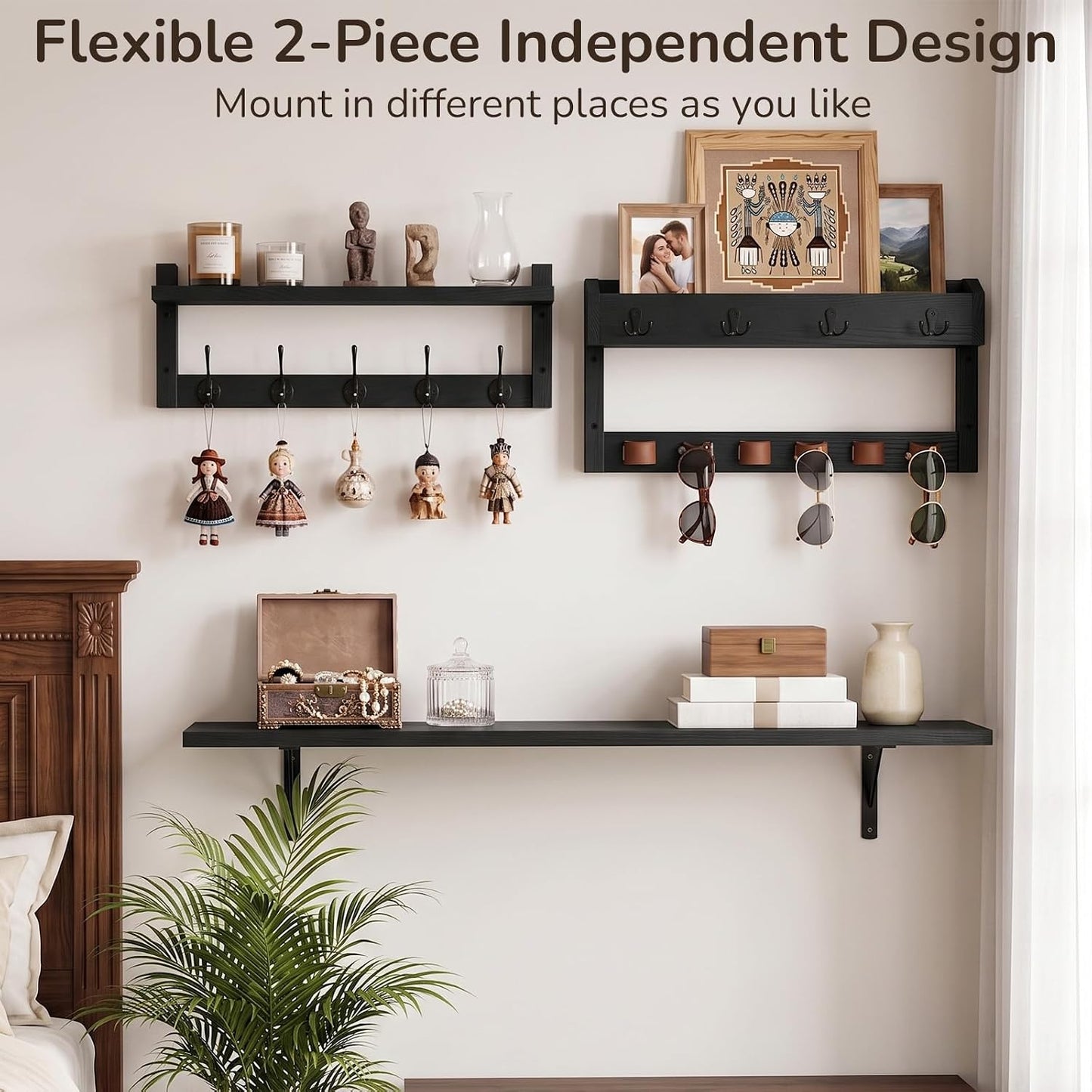 Wooden Key Holder Wall Mount with Shelf, Wall Key Rack and Mail Holder with 9 Key Hooks and 6 Sunglasses Holders, Farmhouse Key Hanger for Entryway Living Room Bedroom, Rustic Brown