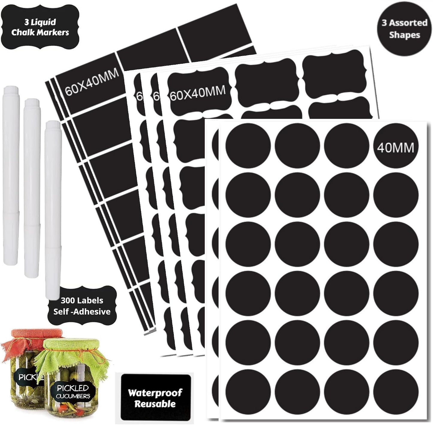 Chalkboard Label 240 Pcs Waterproof Reusable Labels for Food Containers Chalk Sticker Labels with 3 Liquid Chalk Markers for Mason Jars, Parties Decoration, Craft Rooms, Storage, Home, Kitchen