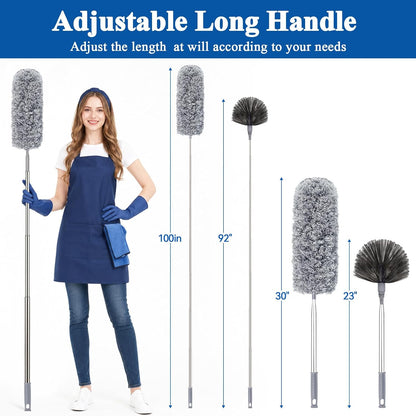 Cobweb Duster with Extension Pole 100 inches, Dusters for Cleaning with 2 Duster Heads, Washable Microfiber Feather Duster for Cleaning Ceiling Fan, High Ceiling, Blinds, Furniture & Cars