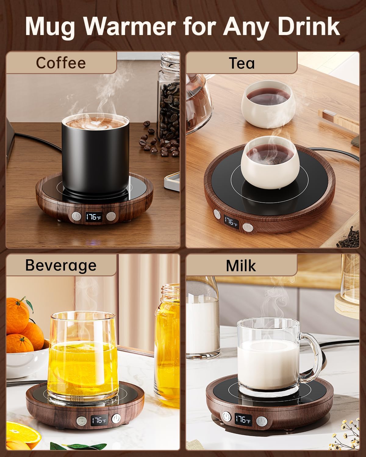 SWEETFULL Mug Warmer for Desk, Coffee Cup Warmer with Timer - Wood | 36W Fast Heating, 3-Temp Setting, Digital Display, 2-12H Timer, Smart Electric Coffee Candle Plate, Ideal Gifts for Women Men
