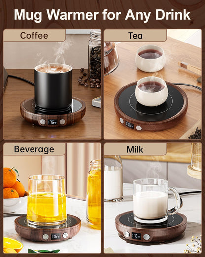 SWEETFULL Mug Warmer for Desk, Coffee Cup Warmer with Timer - Wood | 36W Fast Heating, 3-Temp Setting, Digital Display, 2-12H Timer, Smart Electric Coffee Candle Plate, Ideal Gifts for Women Men