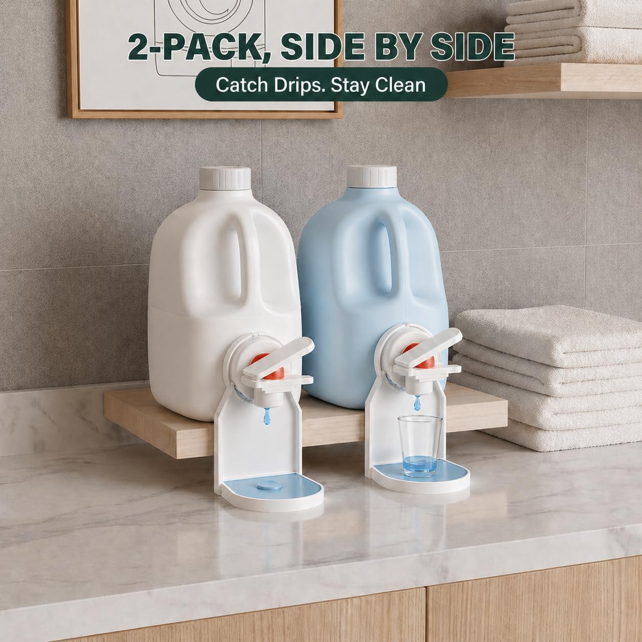 2-Pack Laundry Detergent Cup Holder & Fabric Softener Drip Catcher, Easy-Press Lever with Secure Spout Clamp, Removable Drip Tray & Non-Slip Pad, Helps Reduce Sticky Residue and Keep Washer Cleaner
