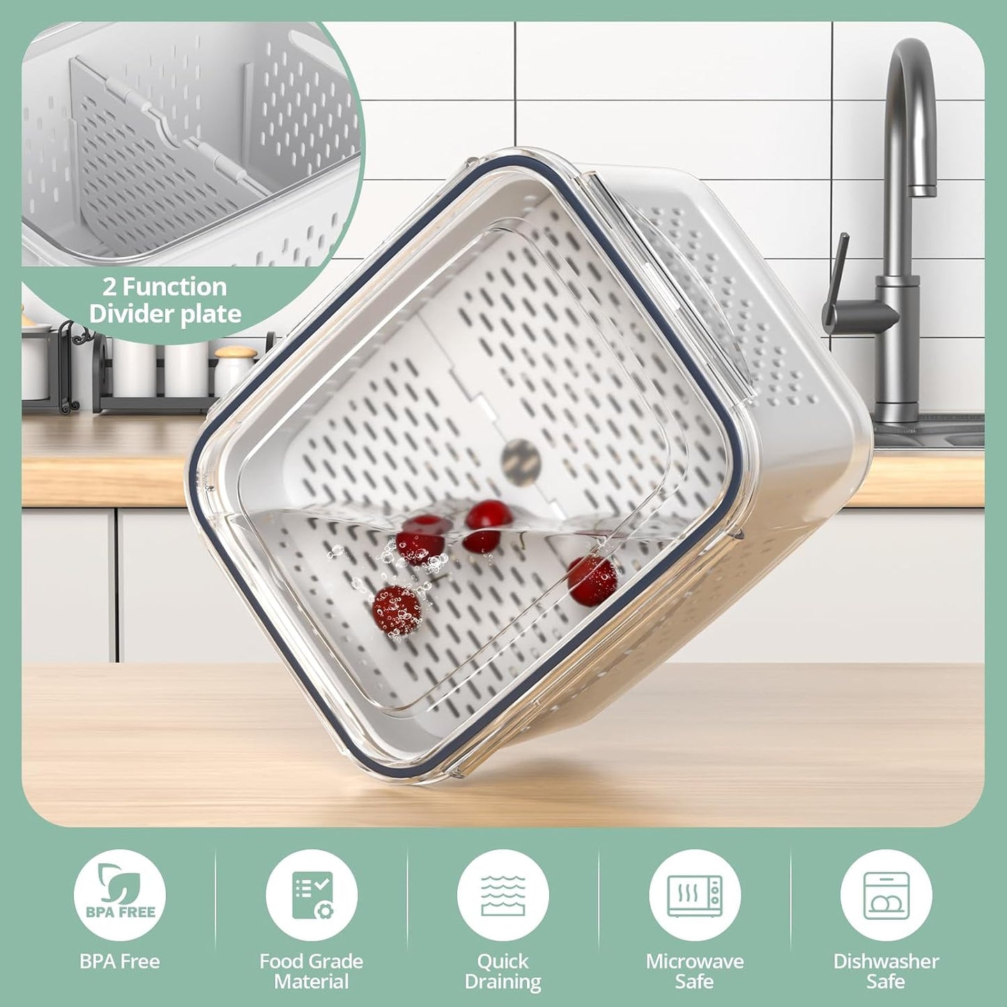 Anysig 8 Pack Fridge Fruit Storage Containers with Removable Colander | Fruit Containers for Fridge with 2 Function Divider Plate, Airtight Storage Container, Dishwasher Safe,Keep Berry Fruit Fresh