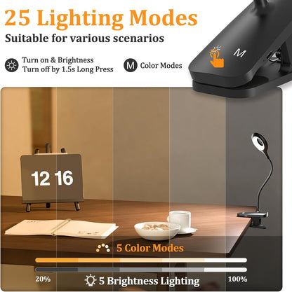 Rechargeable Clip Light, LED Bed Reading Lamp for Headboard & Desk | Strong Clamp, Portable, Cordless Battery Book Light w/ USB-C Cable, 25 Eye-Care Lighting Modes, Flexible Arm, Dorm Bunk Bed