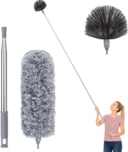 Cobweb Duster with Extension Pole 100 inches, Dusters for Cleaning with 2 Duster Heads, Washable Microfiber Feather Duster for Cleaning Ceiling Fan, High Ceiling, Blinds, Furniture & Cars