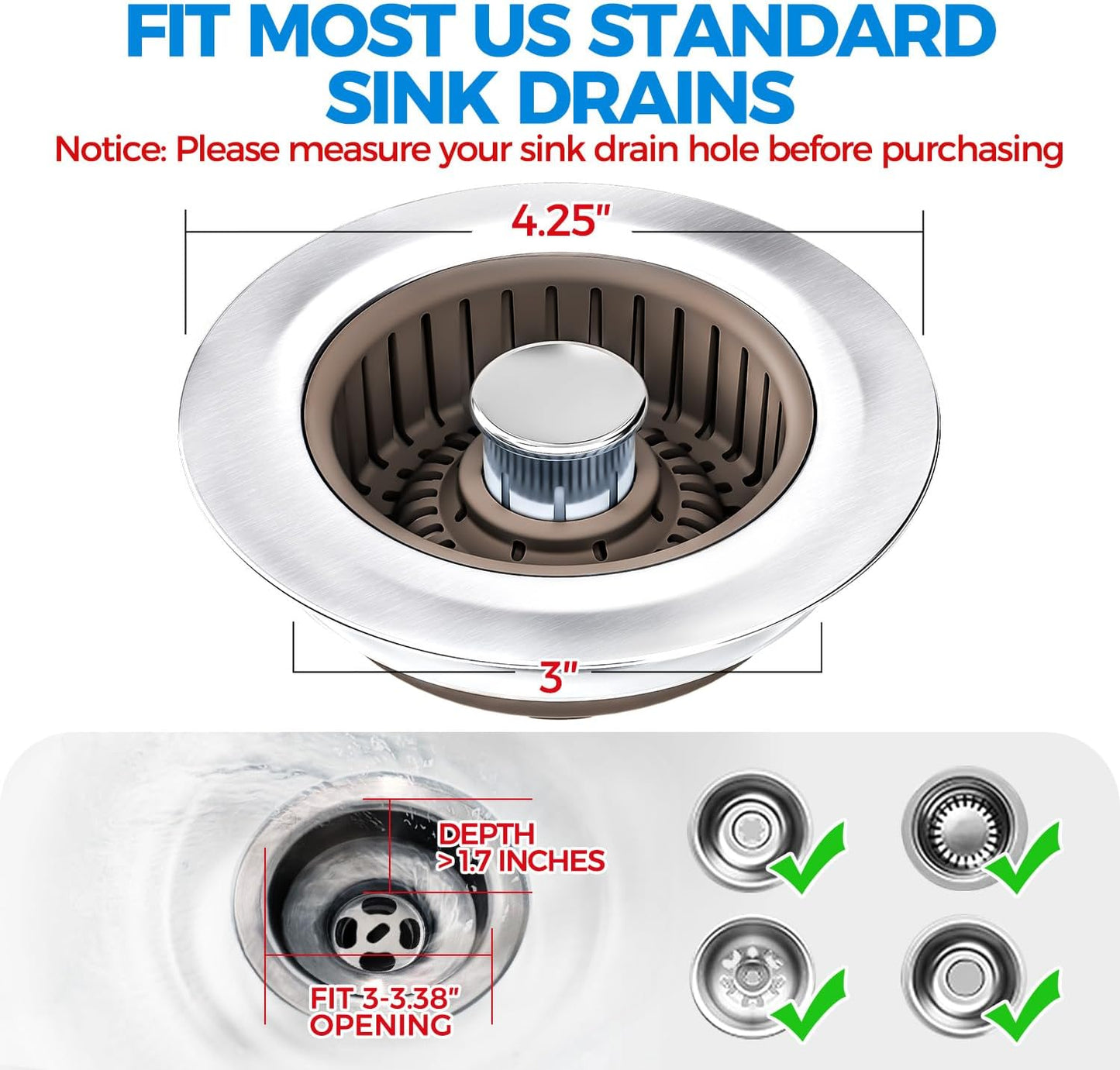 3 in 1 Kitchen Sink Drain Strainer Stopper Removable Basket Pop-Up | Kitchen Sink Food Strainer 1 Pack Silver Stainless - Food Catcher, Odor-Block Seal, Fits 3.5" Drain, Easy Clean