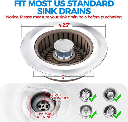 3 in 1 Kitchen Sink Drain Strainer Stopper Removable Basket Pop-Up | Kitchen Sink Food Strainer 1 Pack Silver Stainless - Food Catcher, Odor-Block Seal, Fits 3.5" Drain, Easy Clean