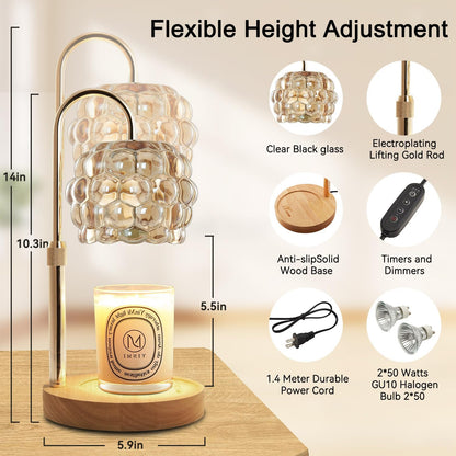 Candle Warmer Lamp with Timer Adjustable - Height Candle Warmer, Dimmer, Black Glass Wax Melting Lamps for Home Decor, for Candles in Jars with 2 Bulbs