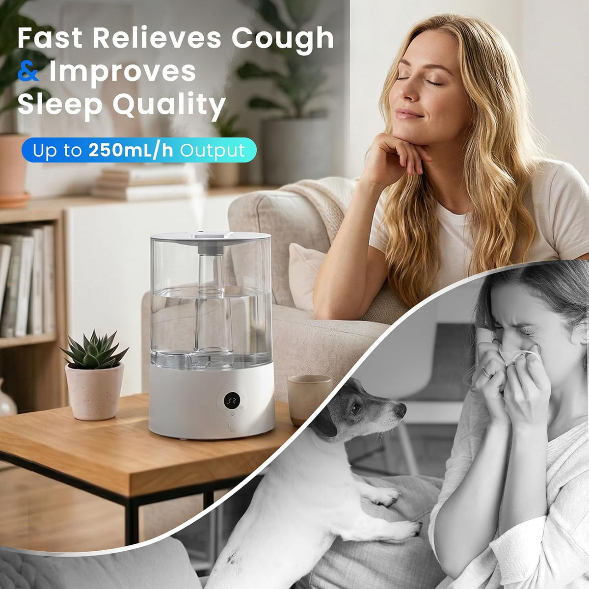 COWSAR Humidifier for Bedroom, 3L Top Fill Cool Mist Humidifier for Large Room, Easy to Fill & Clean, Quiet 22dB, Baby Humidifier, Nightlight, Timer/Sleep Mode, 360° Nozzle, Aromatherapy Tray, White