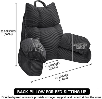 Reading Pillow for Bed with Arms, Back Support, Memory Foam（Grey Black）