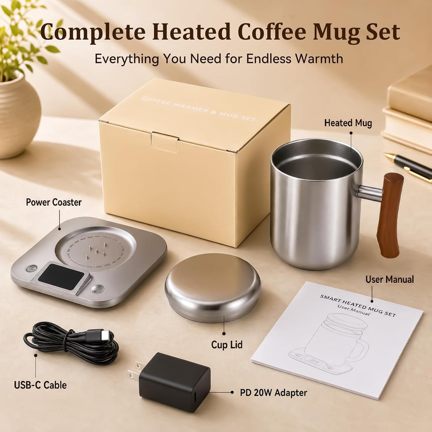 Smart Electric Heated Coffee Mug with Temperature Control, 5 Settings & Display, Auto Shut-Off, Fast Heating Warmer Set with Stainless Steel Coffee Mug (14oz-Black)