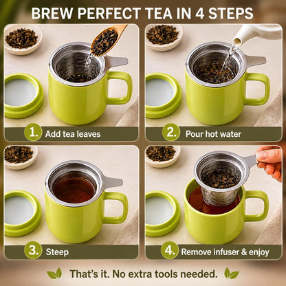 Tealyra - Sumo Porcelain Loose Tea Steeping Mug - 15oz/450 ml Ceramic Tea Cup with Infuser and Lid/Coaster - Extra Fine Stainless Steel Infusion Strainer - For Home or Office - Yellow